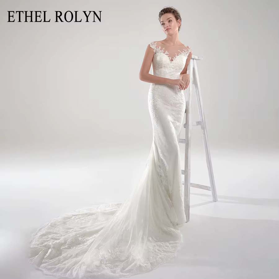 ETHEL ROLYN robe De mariée sirène Illusion romantique dos nu dentelle Appliques Scoop sans manches r