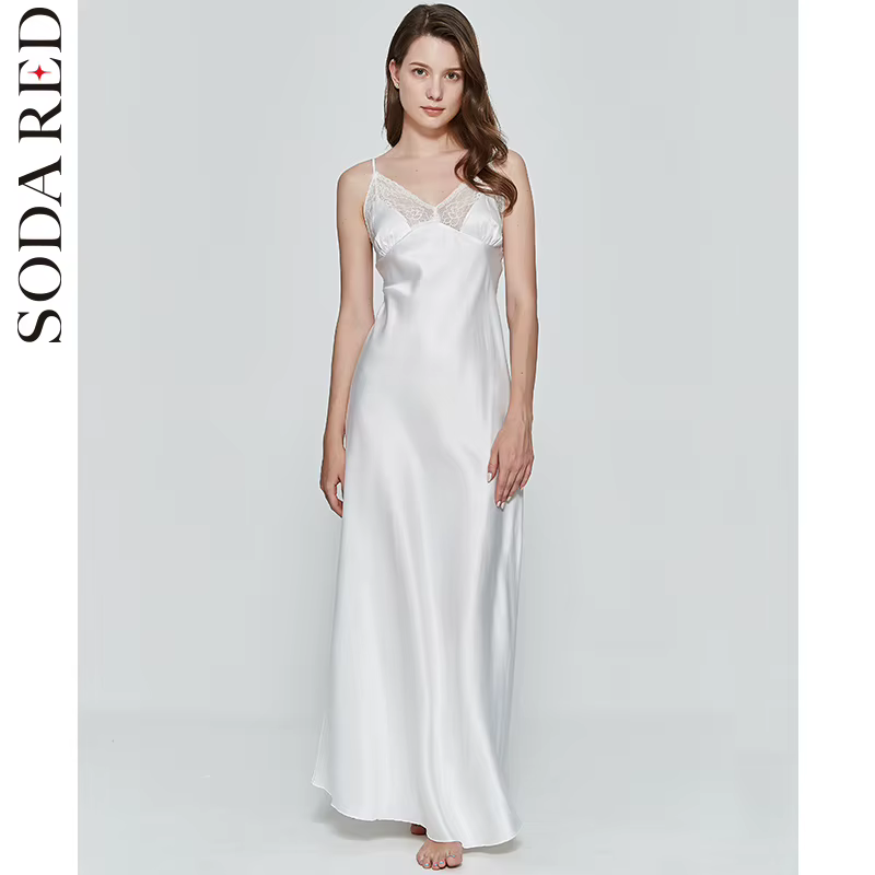 Robe de nuit longue sexy pour femme en soie artificielle satinée, nuisette de nuit à décolleté plong