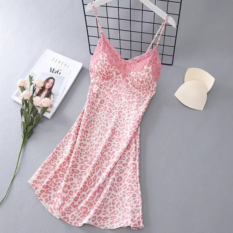 Imprimé léopard 4 pièces ensemble de sommeil Pyjamas femme ample Satin Pyjamas vêtements de nuit Sex