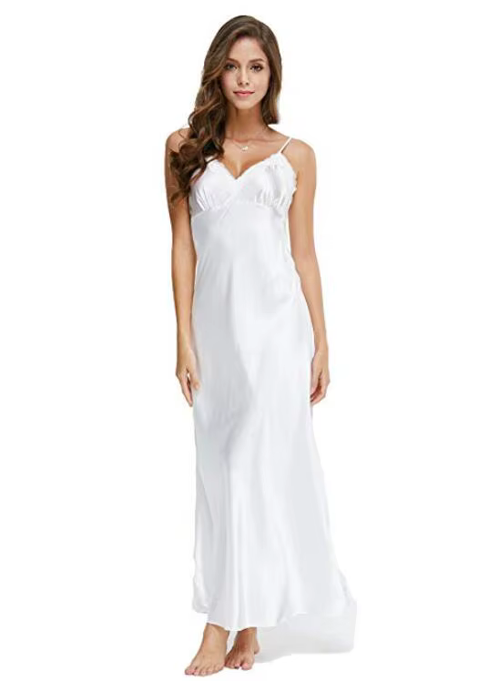 Robes de nuit en dentelle, col en v, blanc, cheville haute, bretelles Spaghetti, longues vêtements d