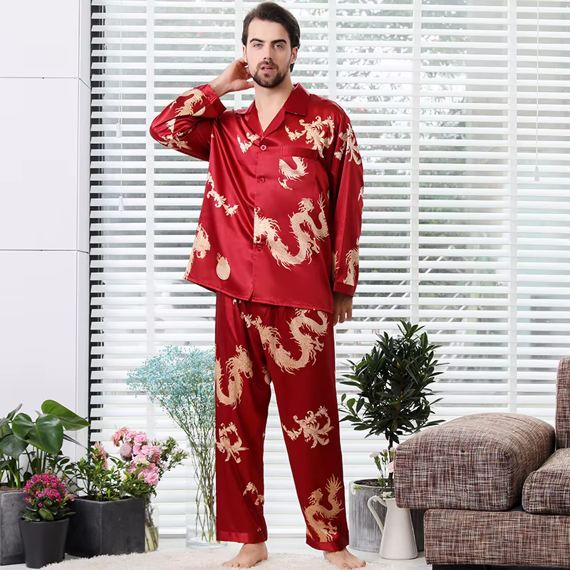 Ensemble de pyjama à manches longues pour hommes, vêtements de nuit deux pièces, rayonne, motif drag