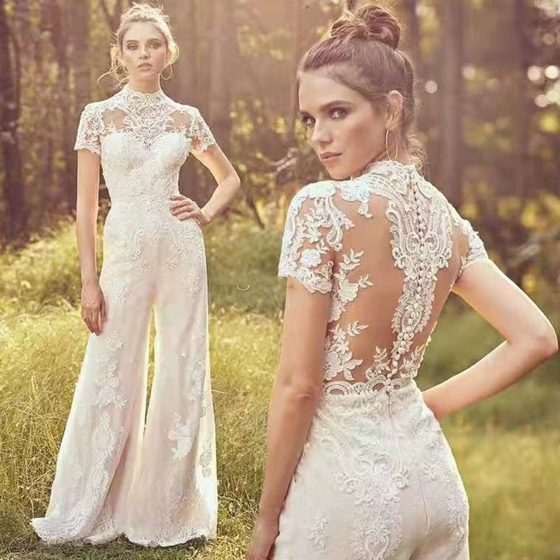 Combinaison élégante pour femmes, appliques en dentelle, manches courtes, col rond, robes de mariée,