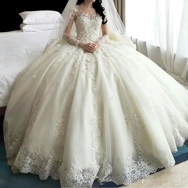 Robe de mariée en dentelle à manches longues, tenue de bal, cristal, fleurs, dubaï, nouvelle collect