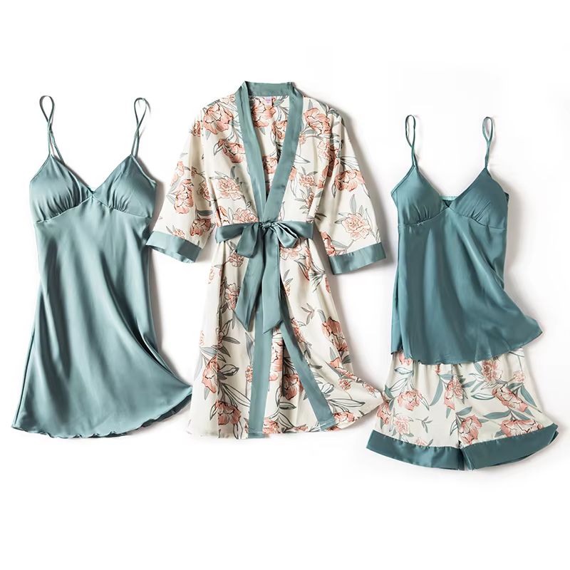 Ensemble pyjama 5 pièces en Satin soyeux pour femmes, imprimé floral, chemise de nuit, Kimono, décon