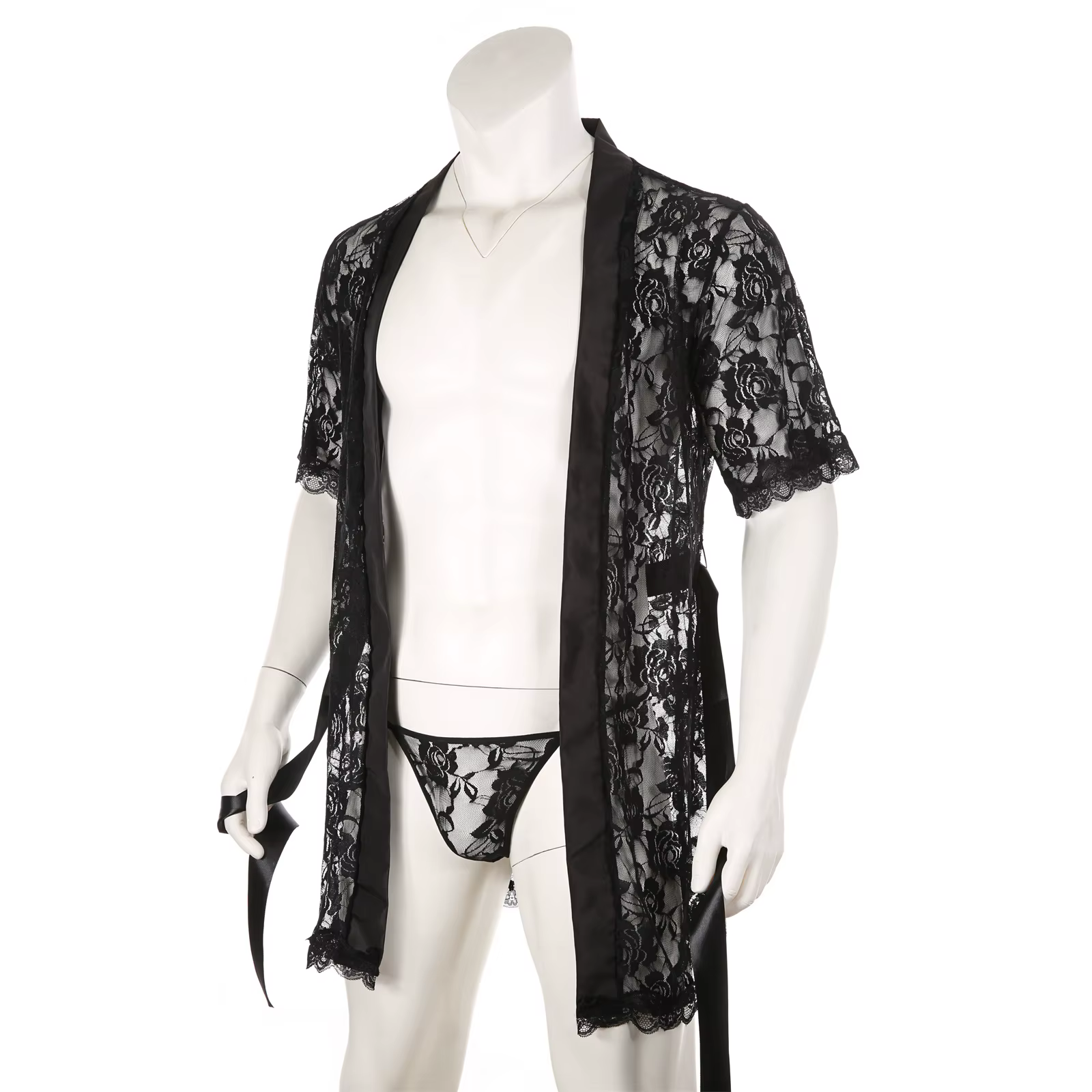 Peignoir en dentelle pour hommes, longue Robe Sexy, vêtements de nuit, Kimono, chemise de nuit ample