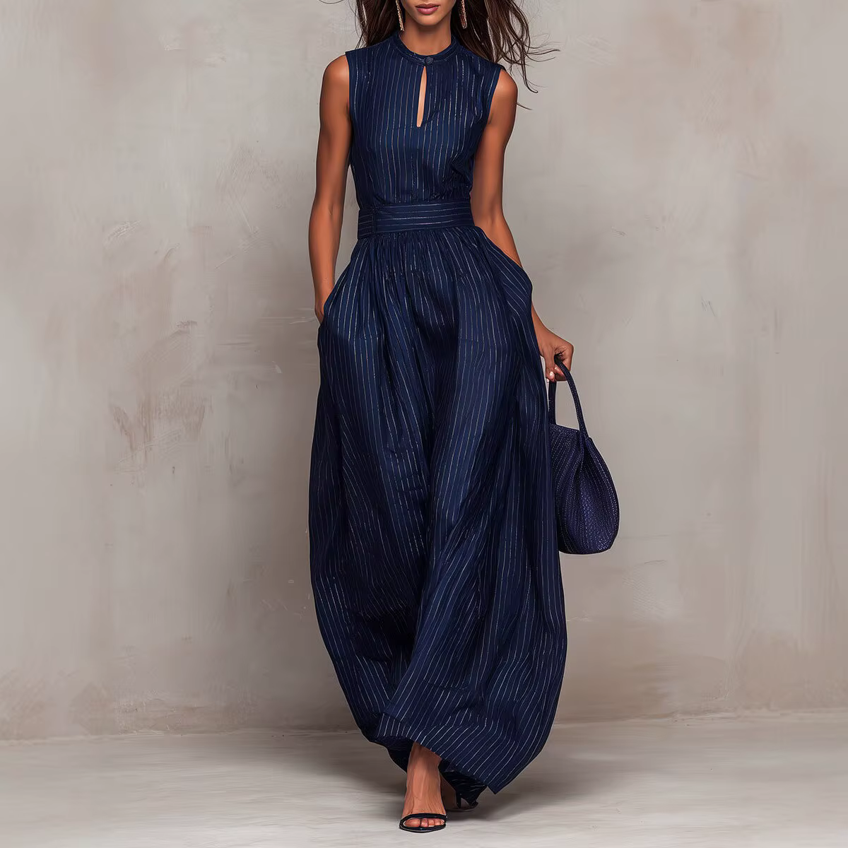Combinaison rayée élégante pour femme, col rond, épaules dénudées, ajourée, taille haute, jambes lar