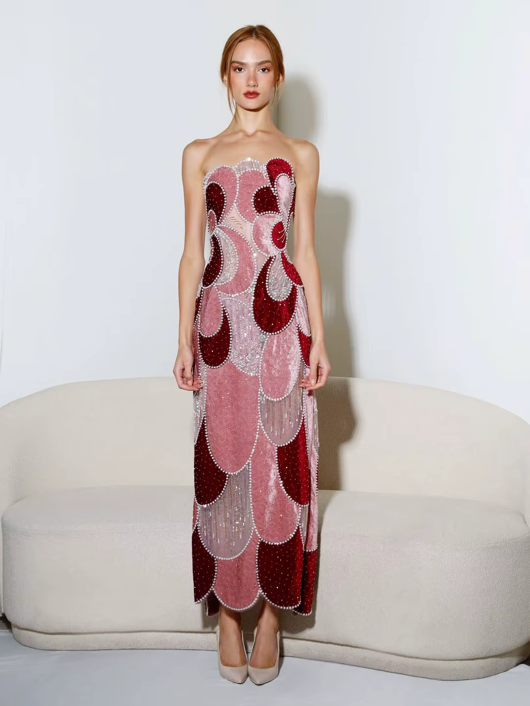 Robes pour femme, robe de cocktail rose bordeaux sans bretelles, robe midi en velours à fleurs abstr