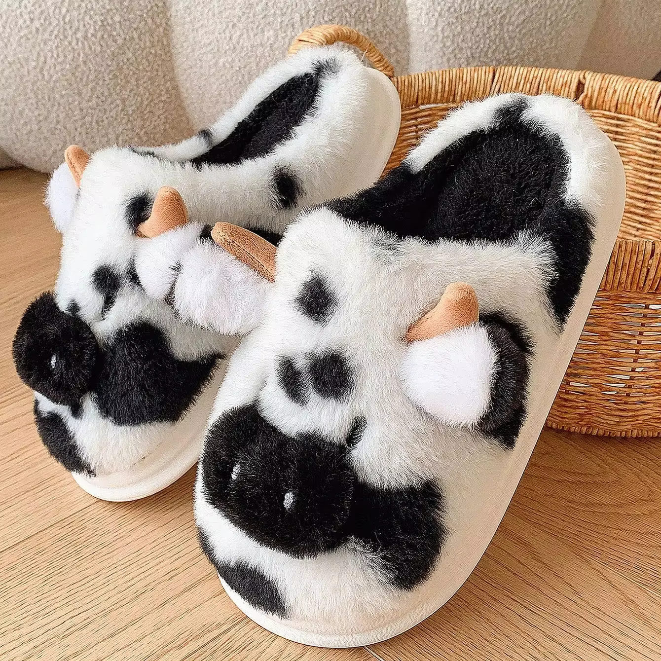 Pantoufles moelleuses décontractées pour femmes, chaussures de styliste de vache de dessin animé, pl