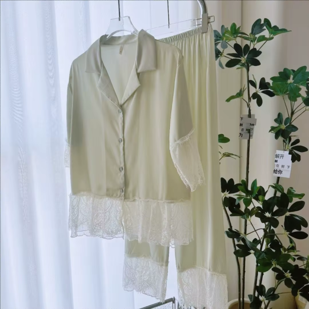 Ensemble pyjama 2 pièces pour femmes, vêtements de salon, grande garniture en dentelle, chemise à ma