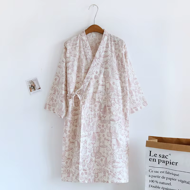 Robe Kimono japonaise pour femmes, imprimé forêt de champignons, 100% coton, Yukata, Robe de chambre