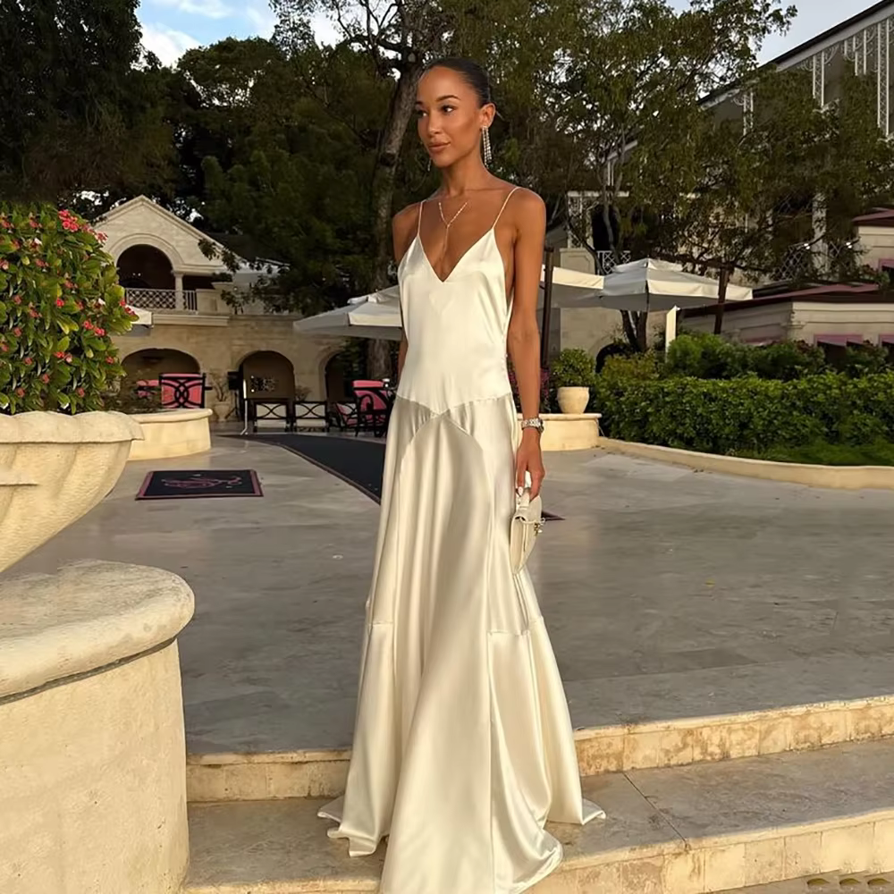 Robes de soirée de luxe blanches sans manches pour femmes, élégantes, col en V profond, longueur au 