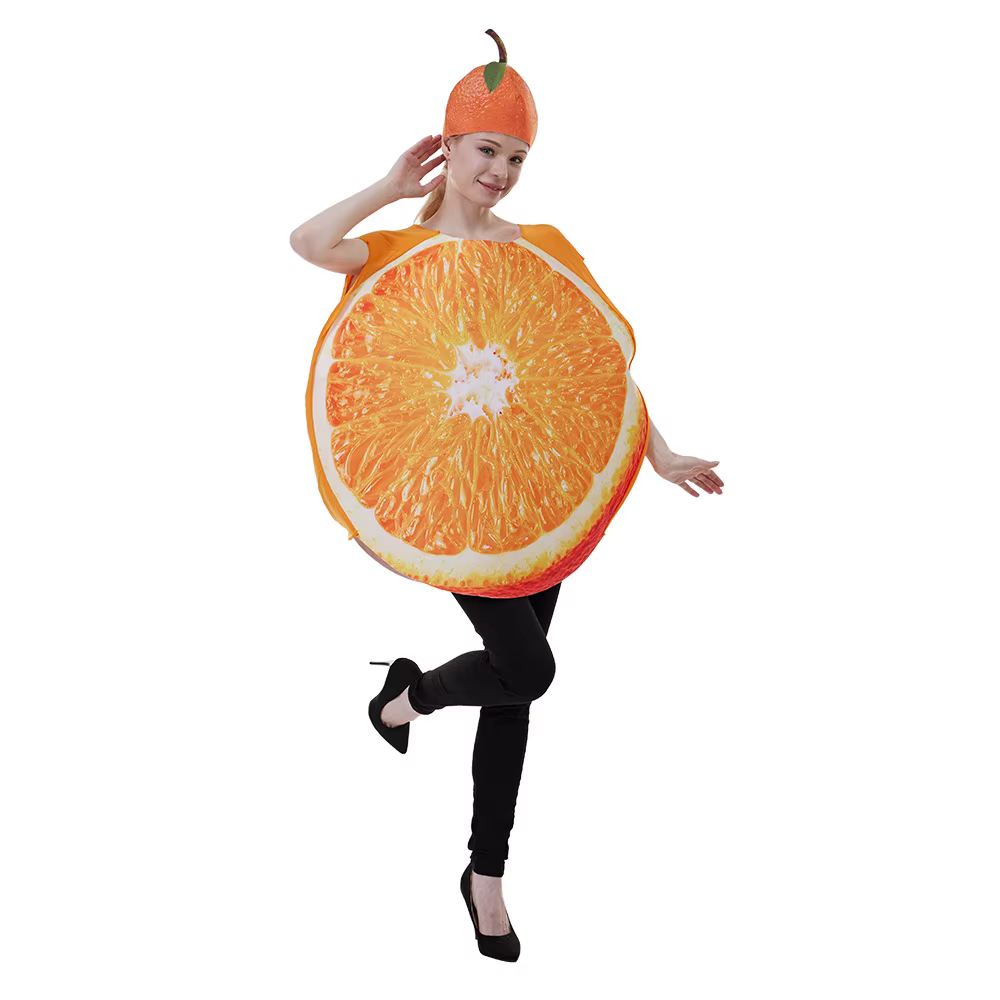 Costume d'orange réaliste 3D, haut sans manches rembourré en mousse en forme d'orange coupée, accomp