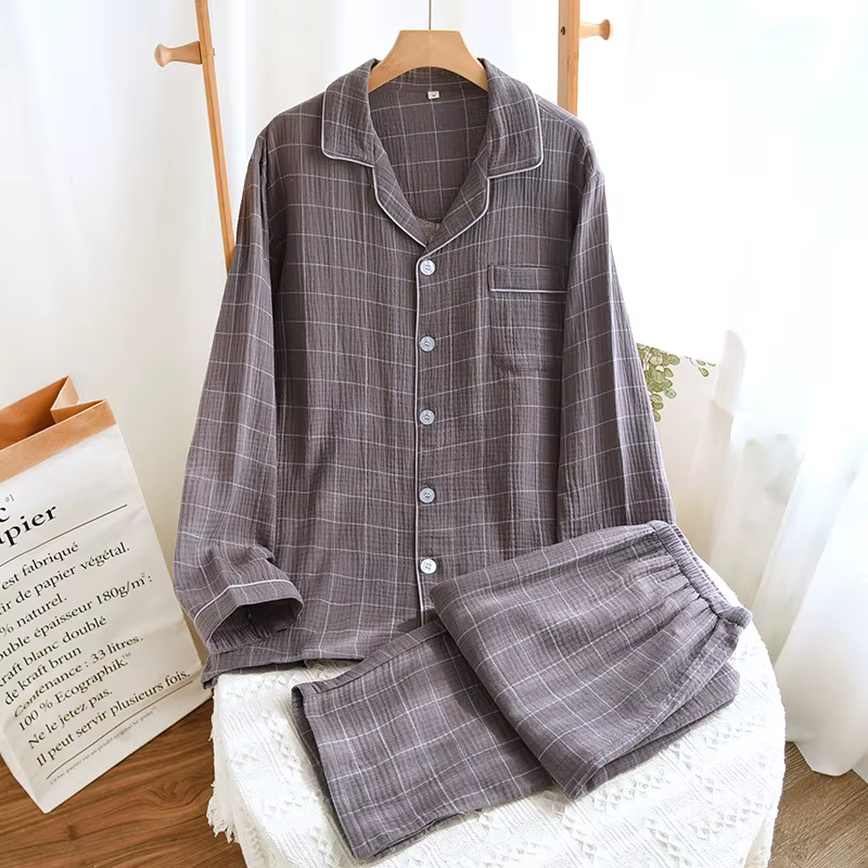 Nouvel ensemble de pyjama homme printemps-automne 2026 en coton crêpe double épaisseur à carreaux, p