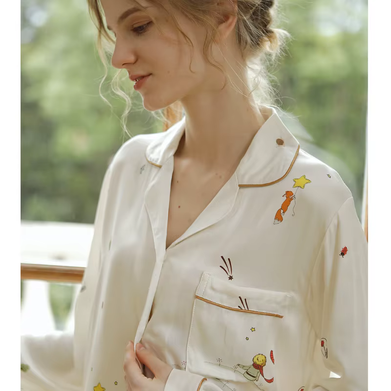 Pyjama en satin pour femme, style enfantin, adorable, à manches longues, pantalon, dessin animé, vis