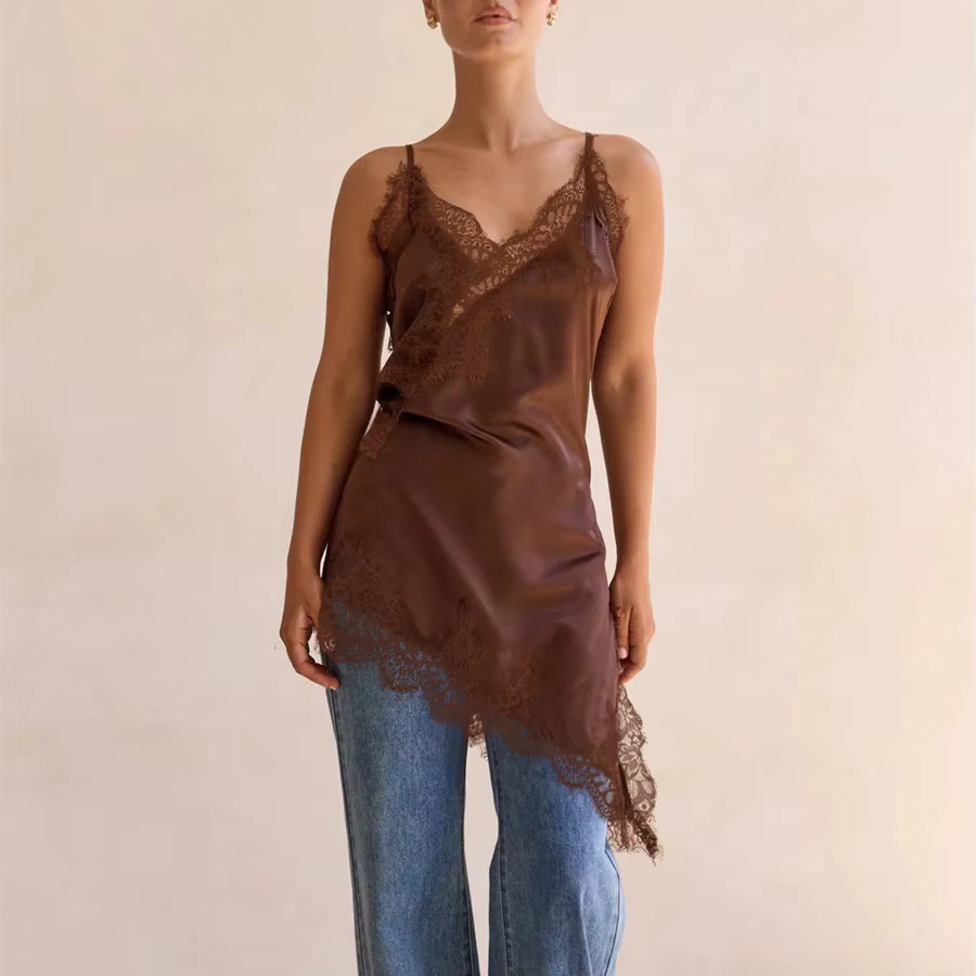 Robe caraco en dentelle satinée pour femmes, col en V, bretelles spaghetti, Camisole, ourlet asymétr