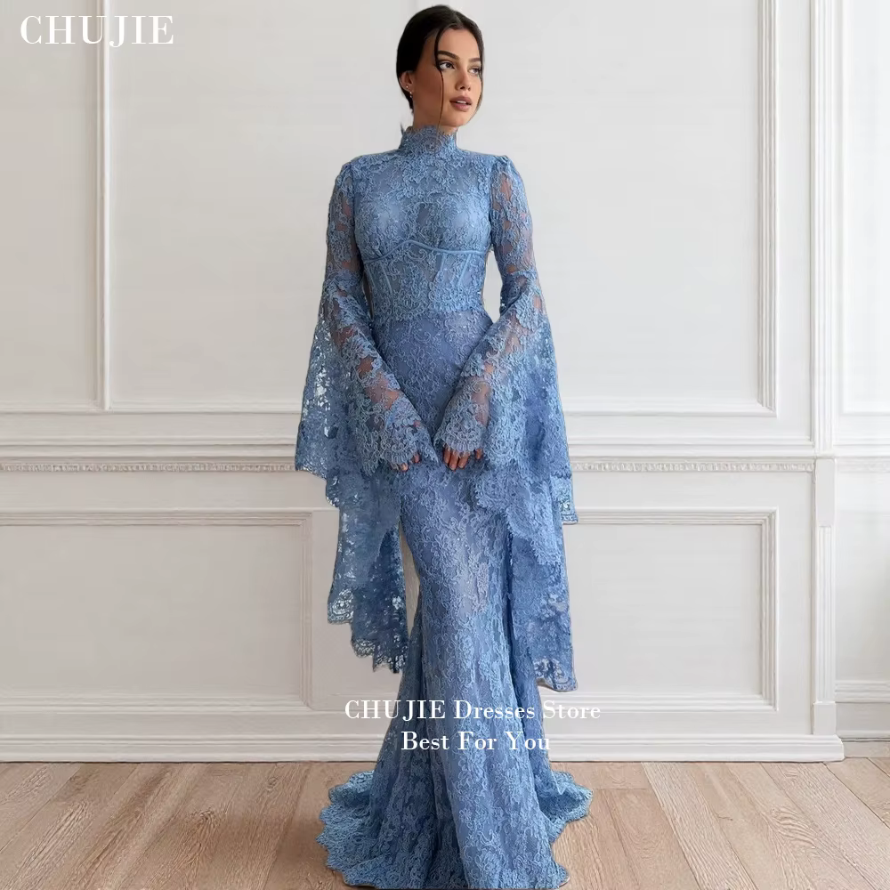 Robe de soirée bleue entièrement en dentelle, style Dubaï, personnalisée, col montant, manches évasé
