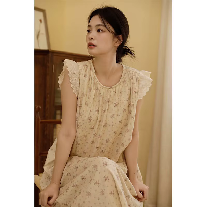 Chemise de nuit longue en gaze 100 % coton pour femme, robe de nuit sans manches à imprimé floral do
