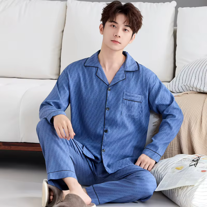 Pyjama pour homme, pantalon à manches longues, cardigan à col ample, pour vêtements de nuit décontra