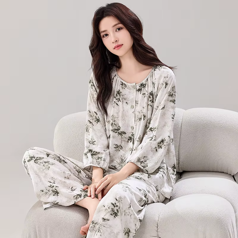 Pyjamas Femme nouvelle impression à manches longues pantalon ensemble élégant vêtements de nuit en c