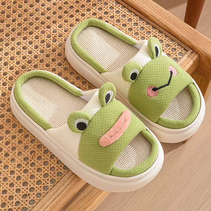Frog Platform Chaussons d'intérieur plats pour femmes et filles, en chanvre, à motif dessin animé, d