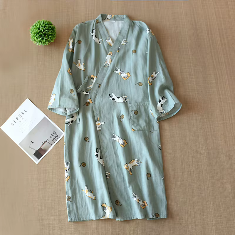Robe de Nuit Femme 2026 100% Coton, Kimono à Manches Trois-Quarts, Pyjama Ample avec Imprimé Chat de