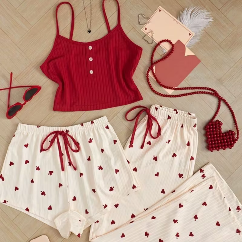 Ensemble trois pièces pour femmes, pyjama imprimé, gilet, short et pantalon, tissu doux côtelé, ense