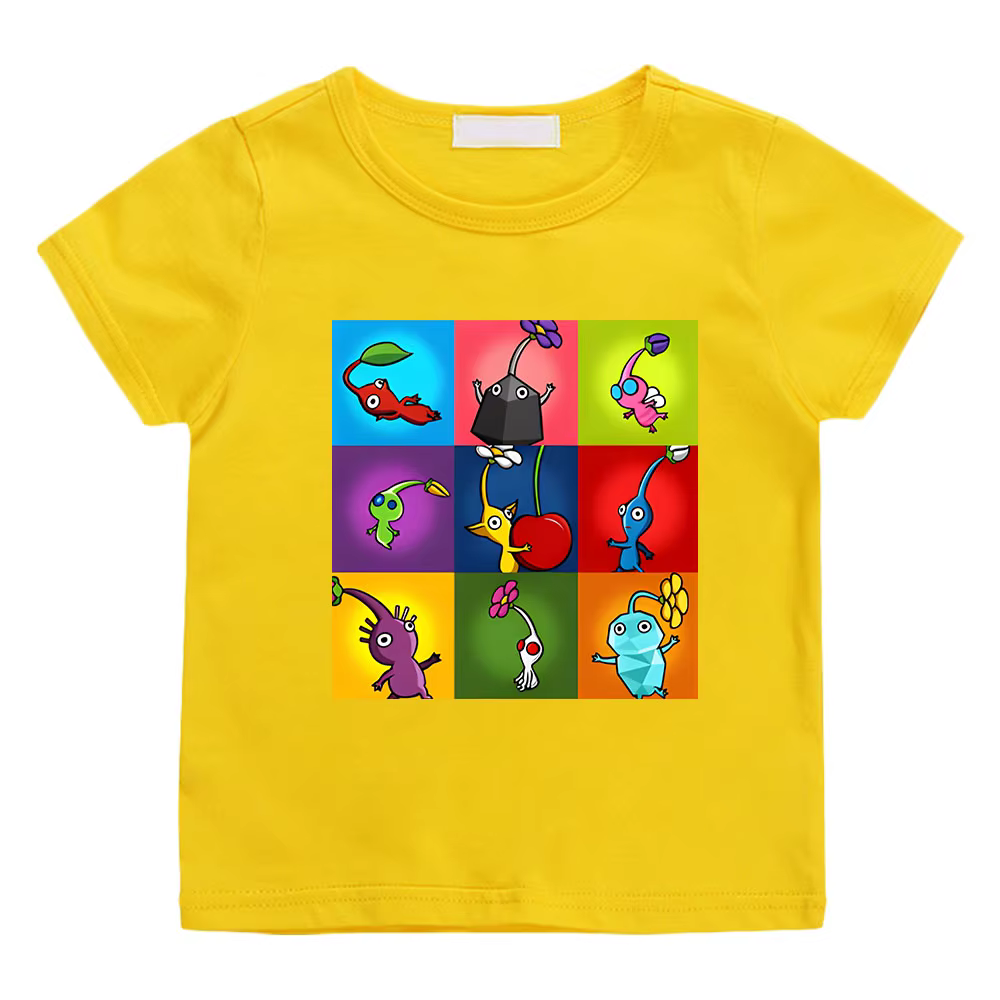 T-shirt imprimé dessin animé Pikmin pour enfants, t-shirts en coton graphiques pour enfants, manches