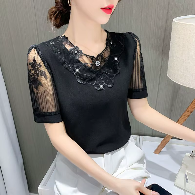 Chemise en mousseline de soie pour femmes, manches courtes, nouvelle chemise française à la mode, ha
