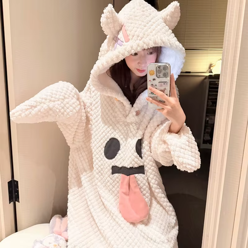 Pyjama d'hiver pour femme, doublé polaire, motif visage amusant et original, imprimé ananas, robe de