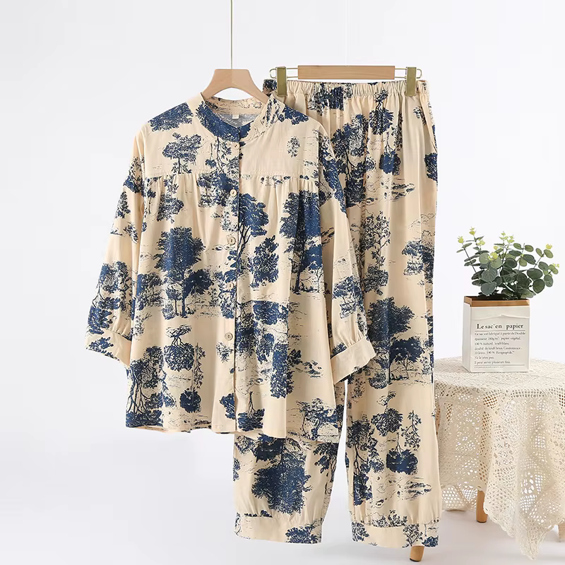 Ensemble pyjama d'été en coton de bambou pour femmes, ample, décontracté, manches sept quarts, panta
