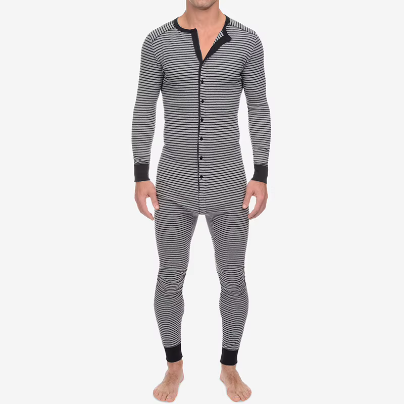 Ensemble pyjama une pièce rayé pour hommes, coupe cintrée, manches longues, sous-vêtements, nouvelle