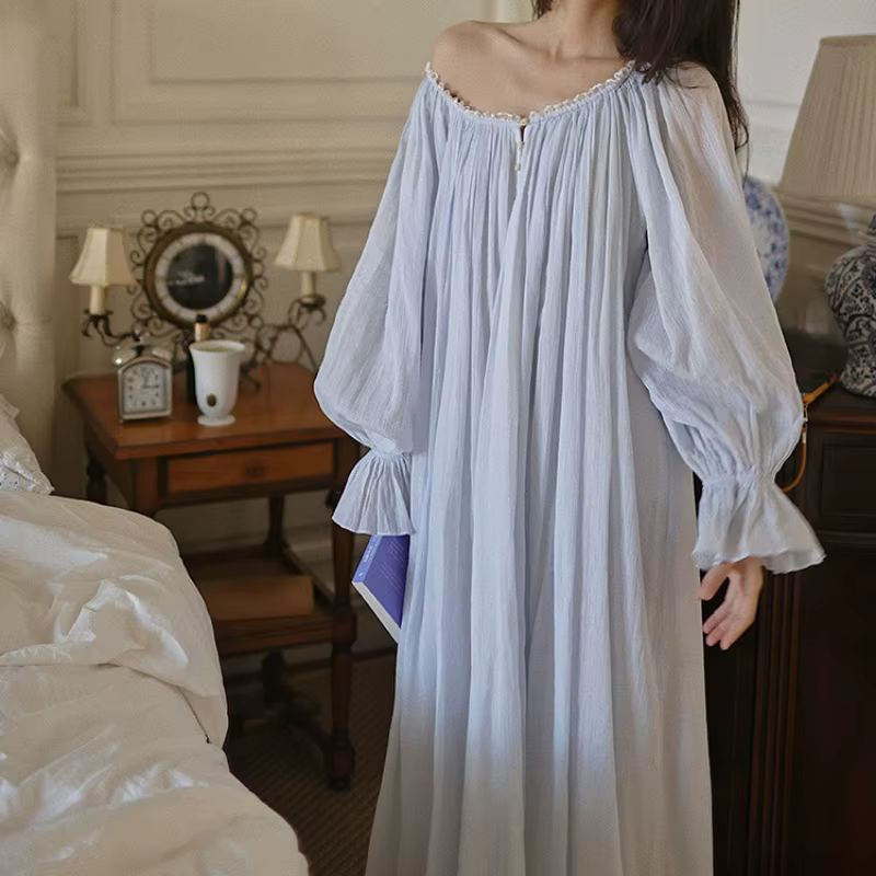 Princesse bleu frais Vintage longue chemise de nuit 100% coton col rond manches longues chemise de n