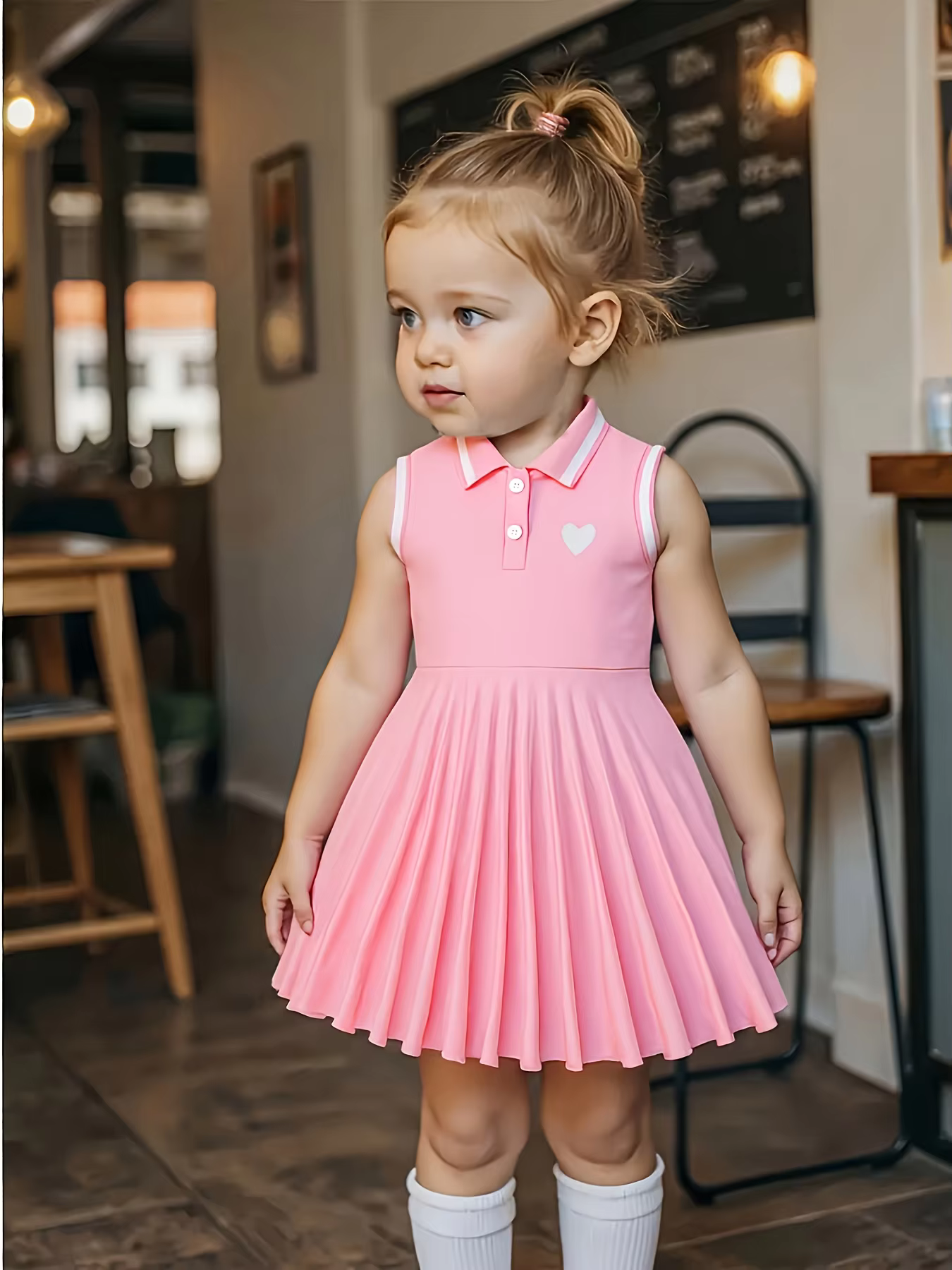 Robe vintage rouge sans manches à col polo – Jupe plissée avec accent de cœur pour filles, tenue dou