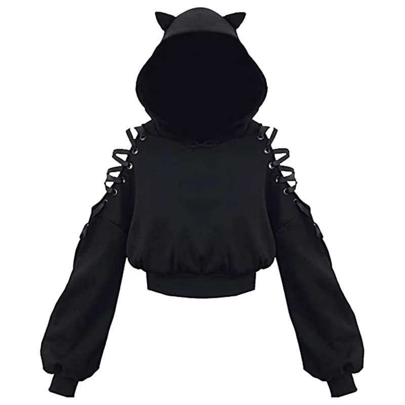 Y2k gothique femmes à capuche chat oreille haut court sweat à capuche évider à lacets à manches long
