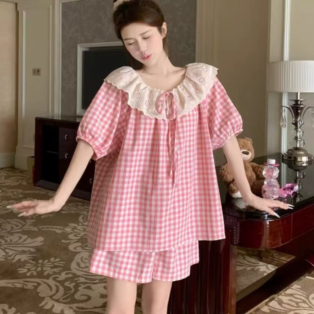Ensemble pyjama en dentelle à volants et motif quadrillé, col rond, short ample, caraco, vêtements d