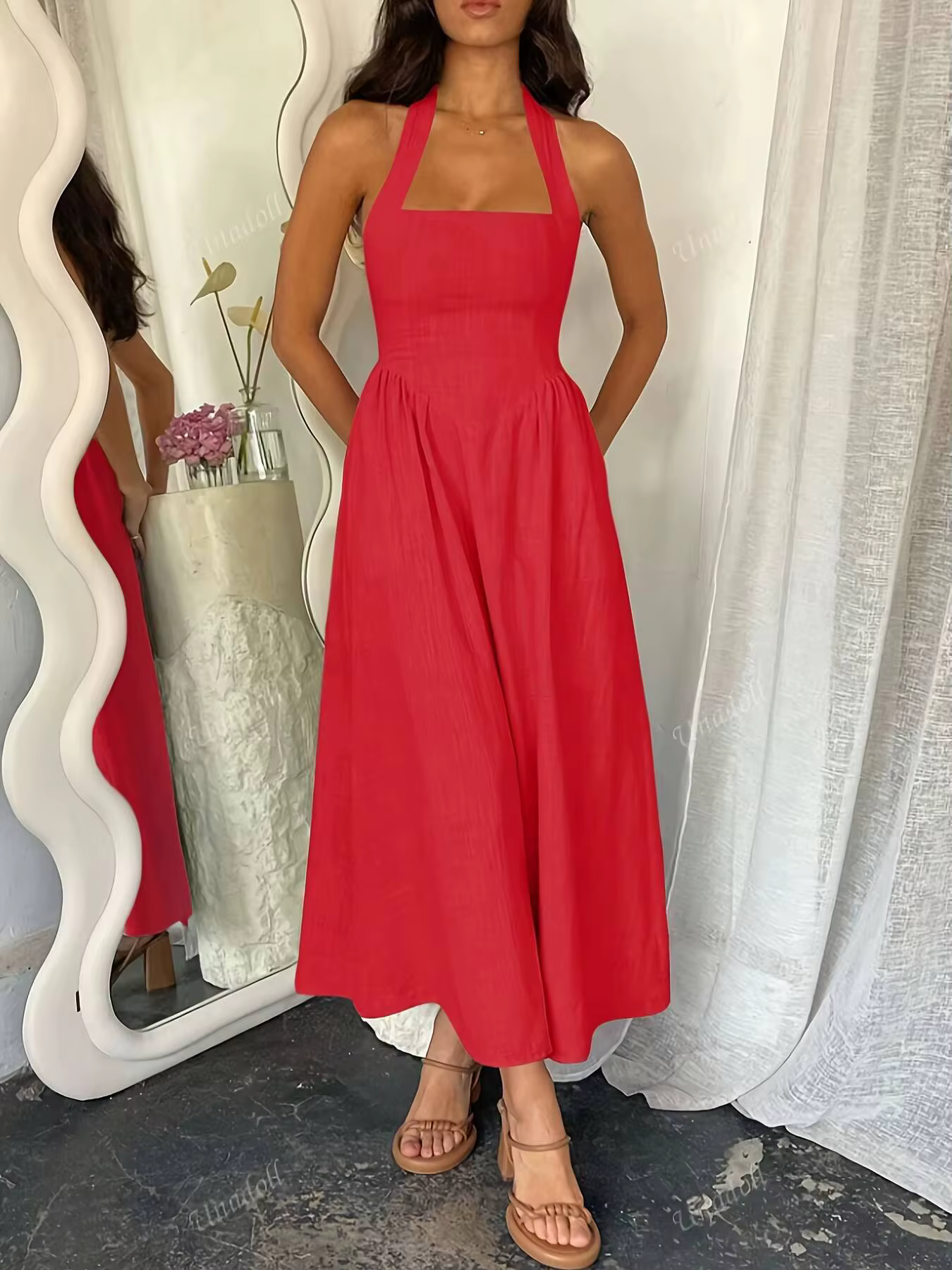 Robe pour femme col halter, col carré, taille haute, coupe trapèze, longueur midi, chic, nouvelle co