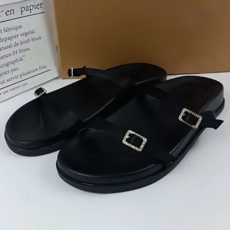 Pantoufles d'été pour femmes, chaussures de plage plates avec bretelles à boucle en diamant, confort
