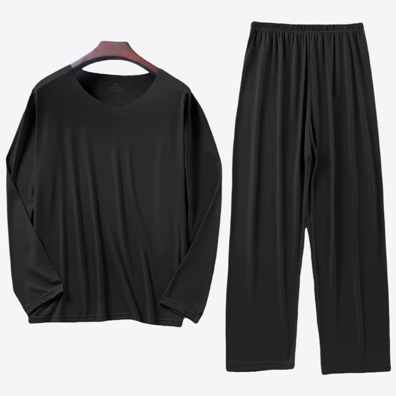 KIDWHXR Ensemble pyjama 2 pièces en soie glacée pour homme – Haut à manches longues simple et pantal