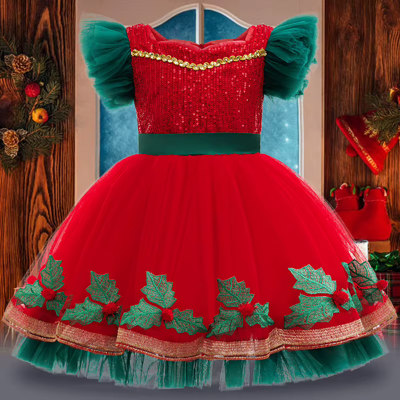 Robe du Nouvel An pour les Filles 	 Robe de princesse de noël pour filles, élégante, broderie d'arbr