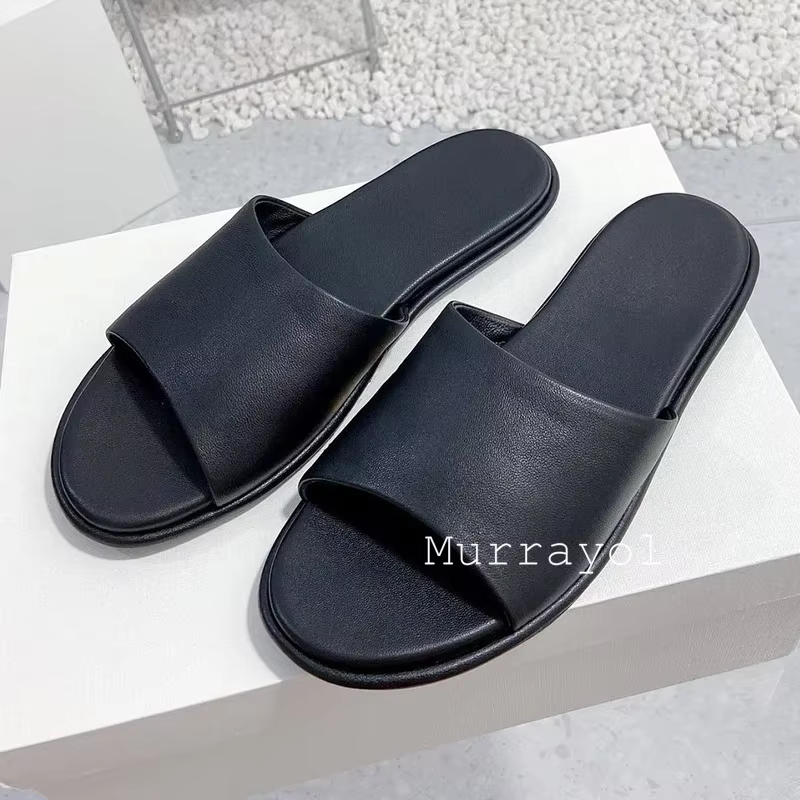 Pantoufles en cuir véritable de couleur unie pour femmes, pantoufles plates à bout ouvert, sandales 