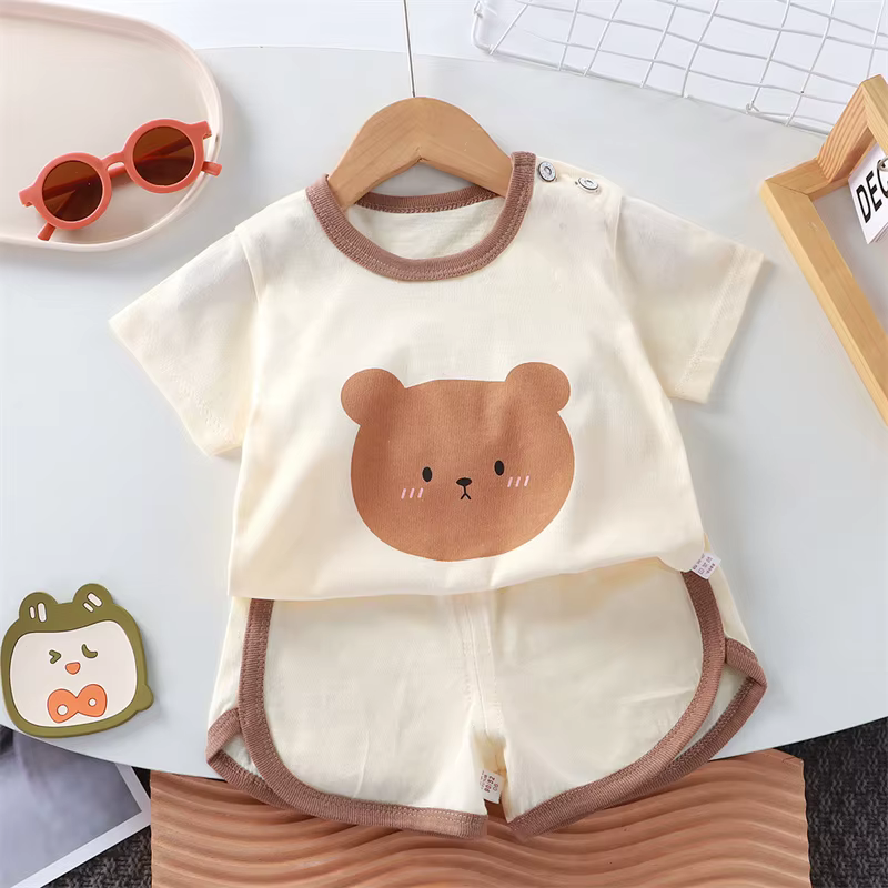 Ensemble de vêtements pour bébé ours mignon, pyjama d'été en coton doux à manches courtes pour nouve