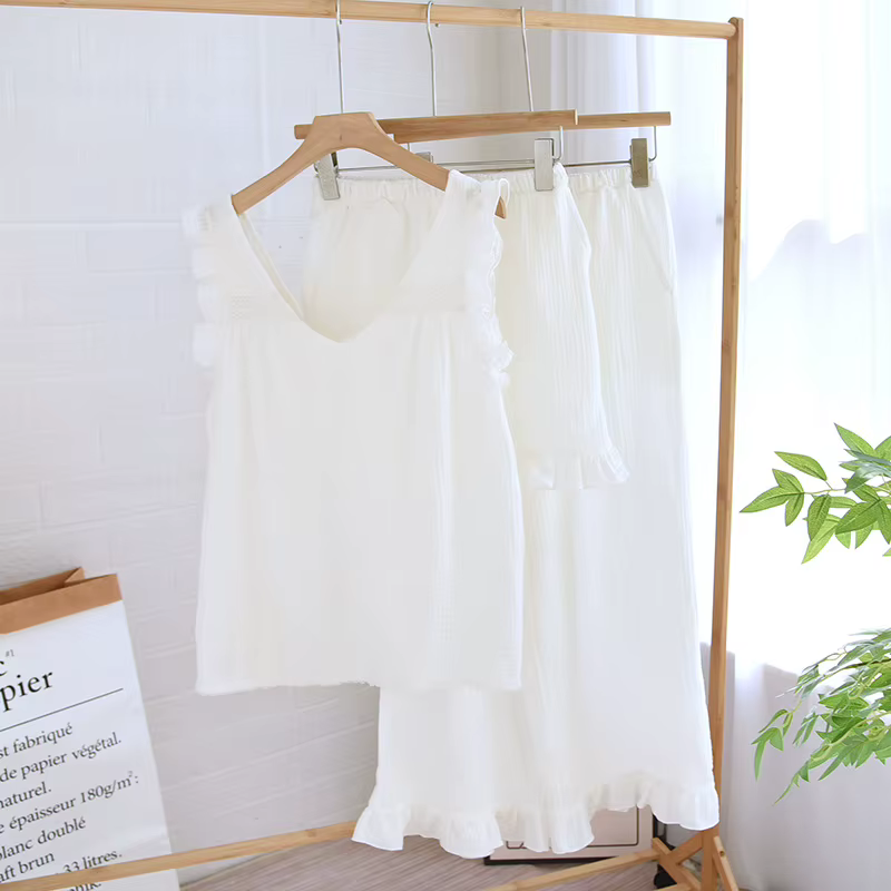 Pyjama en coton pour femmes, ensemble d'été, sans manches, 3 pièces, vêtements de nuit Pour dormir, 
