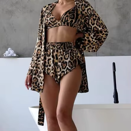 Ensemble pyjama léopard pour femme, 3 pièces, cardigan à manches longues, haut et short, respirant e