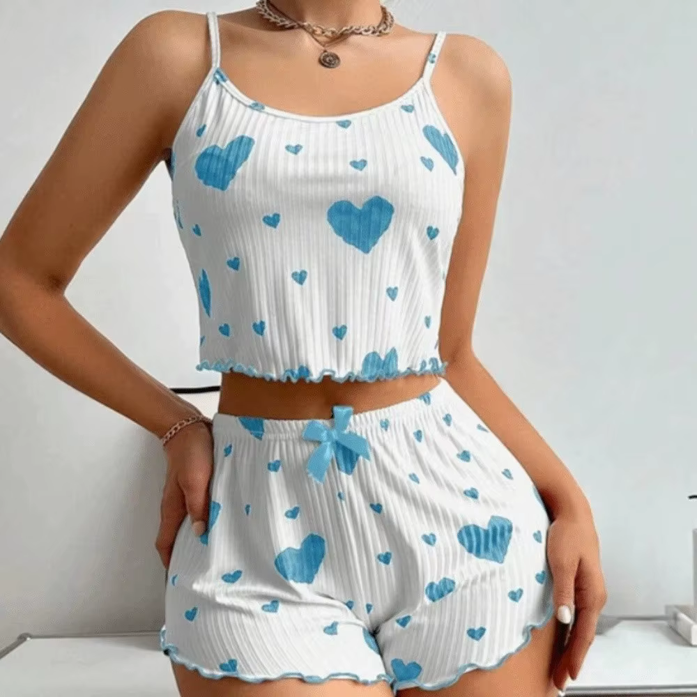 Ensemble de pyjama pour femme Fashion Love Heart, vêtements de maison, pyjama d'été deux pièces, nœu