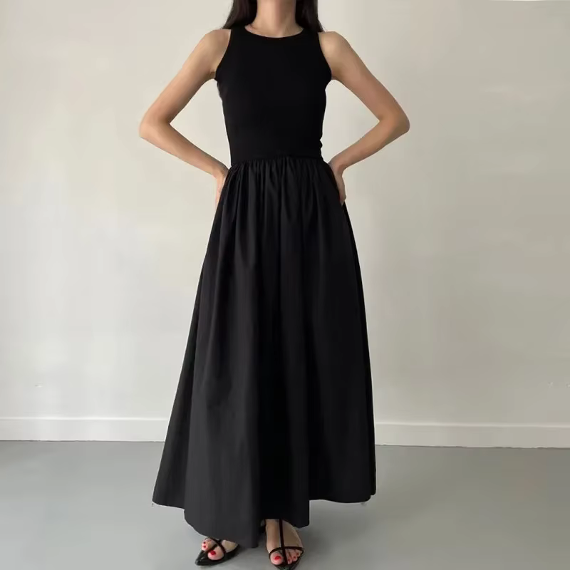 Robe Longue Noire Élégante et Simple pour Femme, Tenue à Col Rond, Taille Haute, Nouvelle Collection