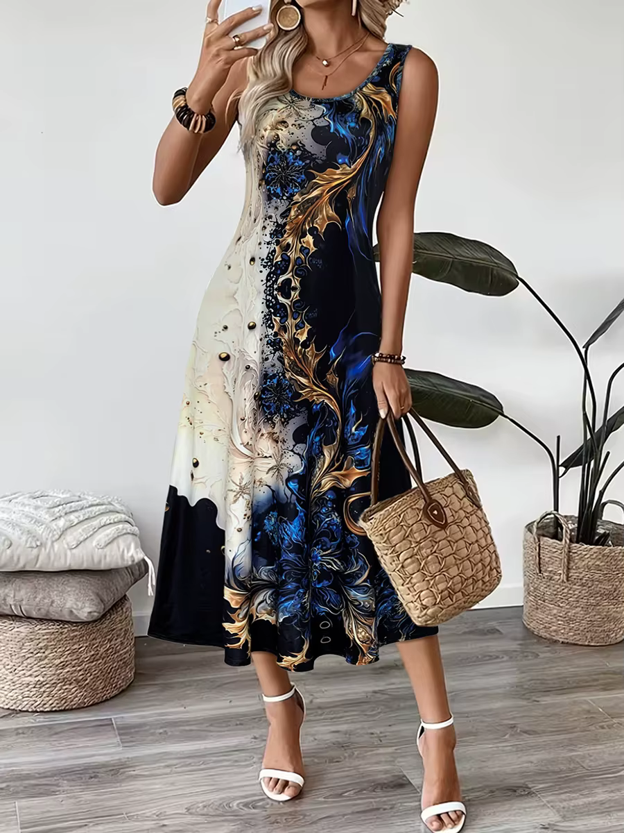 Robe midi sans manches pour femme, imprimé floral marbré abstrait, col rond, coupe évasée, fluide, d