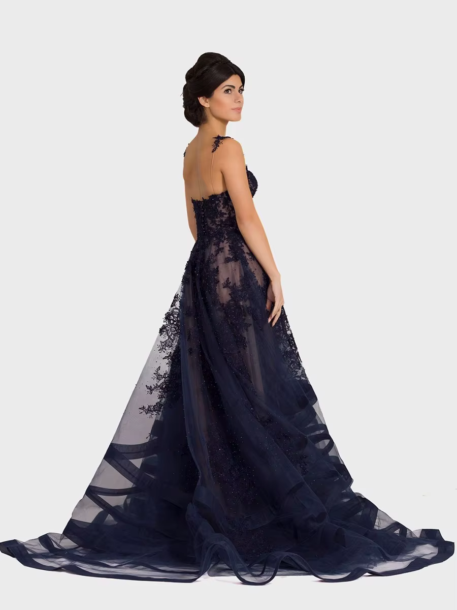 Robe de bal sexy en dentelle exquise sans manches, à volants, longueur ras du sol, avec appliques, p