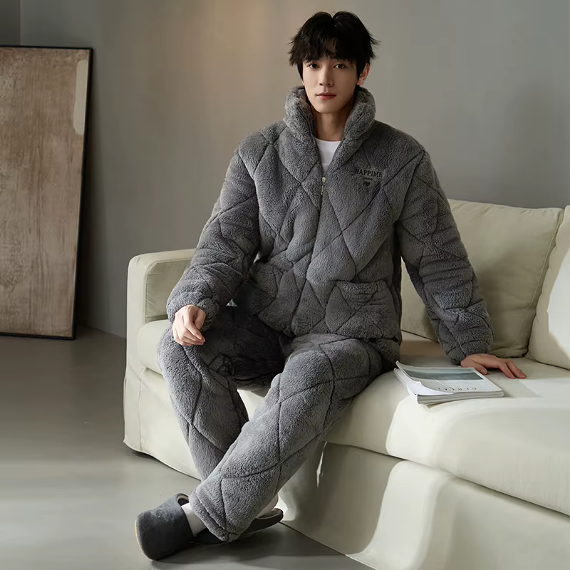 Épais chaud hiver Couple pyjamas ensemble 3 couches pince coton pyjamas décontracté doux M-3XL amour