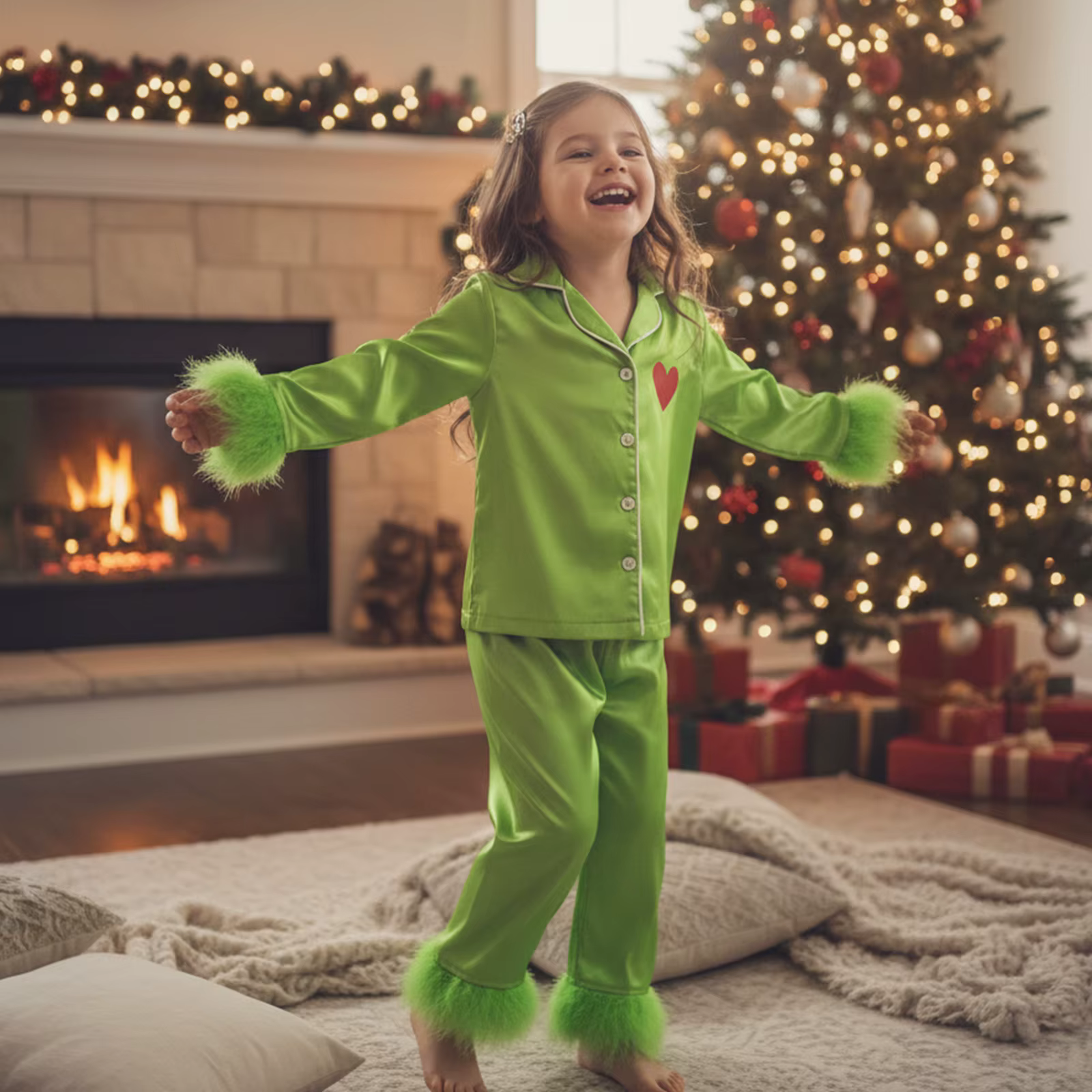 Hirigin femmes pyjamas de noël vert Satin soie plume garniture boutonné chemises Jammies noël Grinch