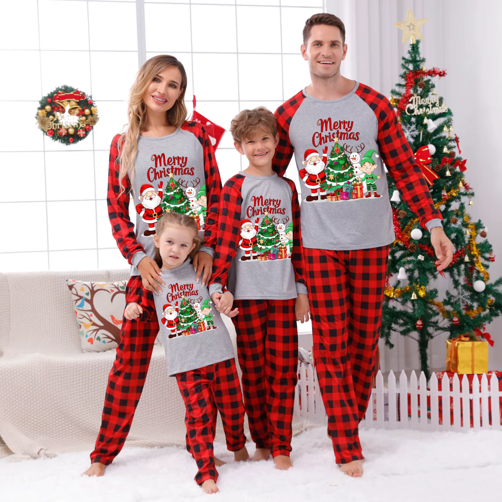 Ensemble pyjama assorti pour famille, imprimé joyeux noël, manches longues, col rond, costume 2 pièc